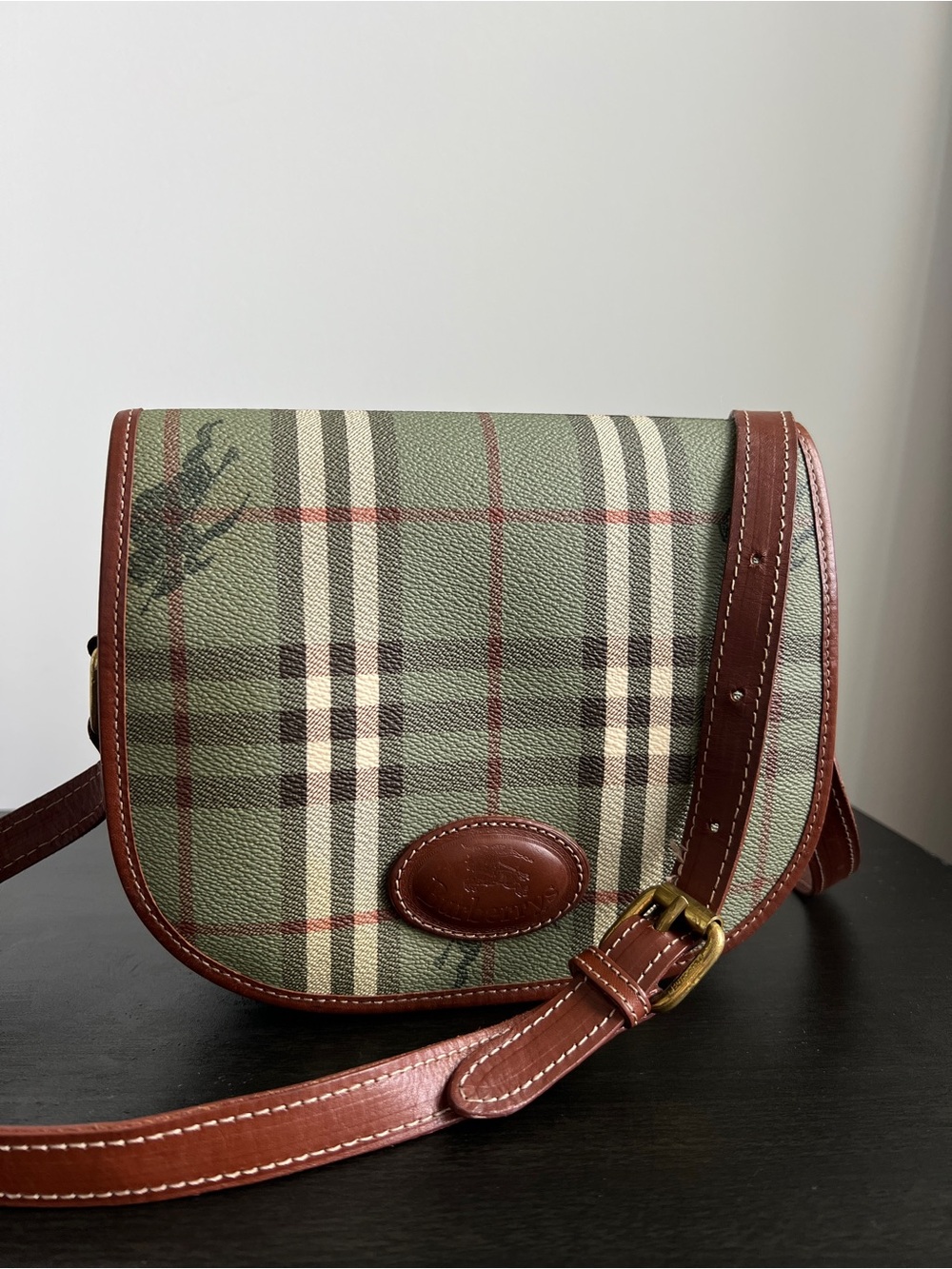Authentic Vintage Burberrys London Leather Green/Brown Shoulder Crossbody Canvas